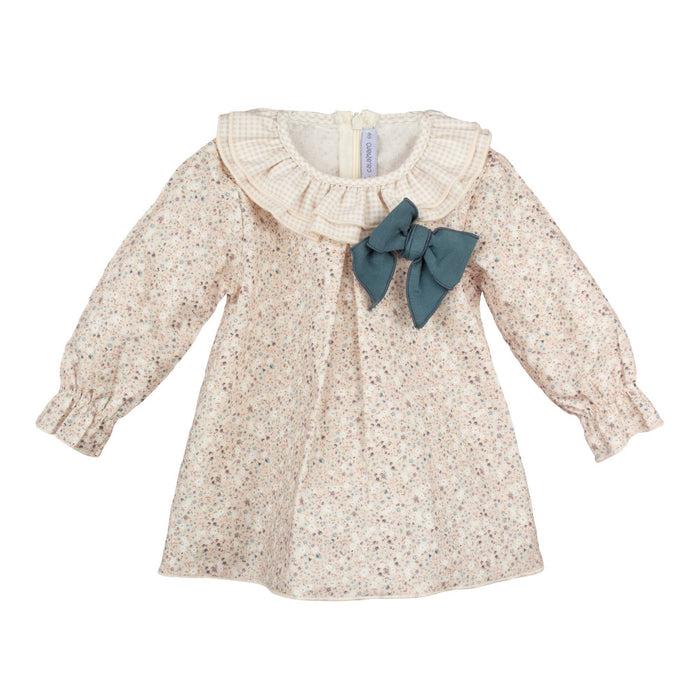 Soft Beige Floral Dress with Green Bow Detail