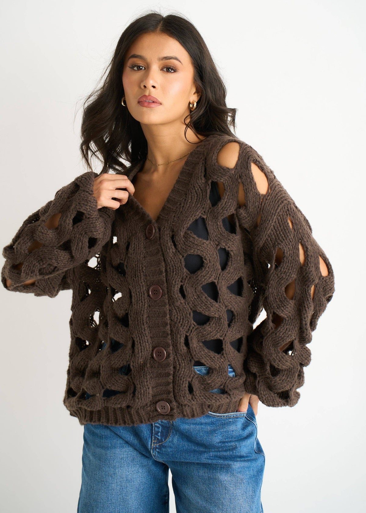 Chocolate Hollow Chunky Knit Cardigan