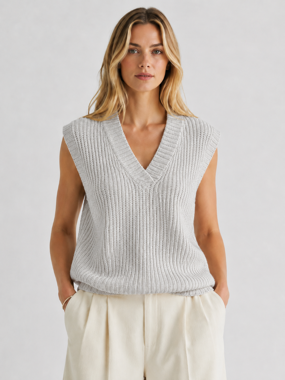 Ribbed V-Neck Knitted Vest
