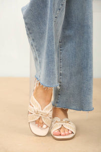 Cream Gold Trim Detail Raffia Cross-Strap Flat Sandals
