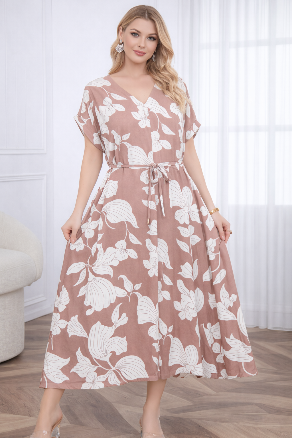 Floral Print Midi Dress with Drawstring Waist - Available in other colours