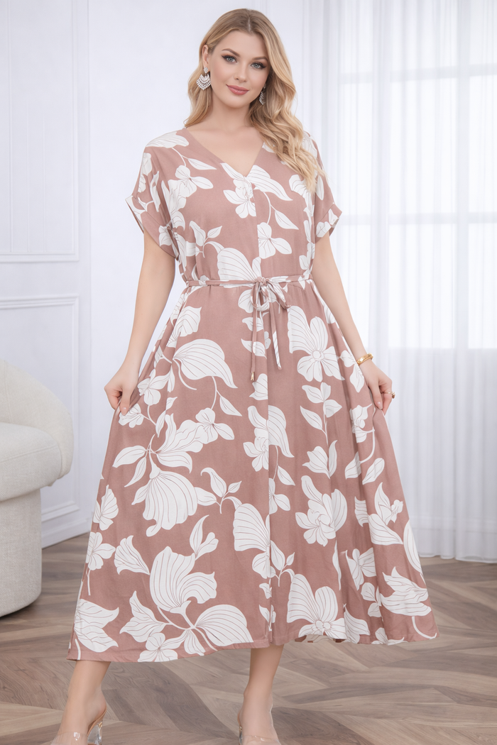 Floral Print Midi Dress with Drawstring Waist - Available in other colours