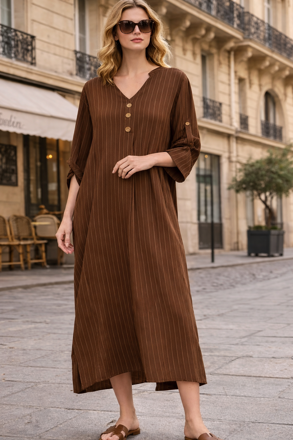 Striped Midi Dress with Decorative Buttons