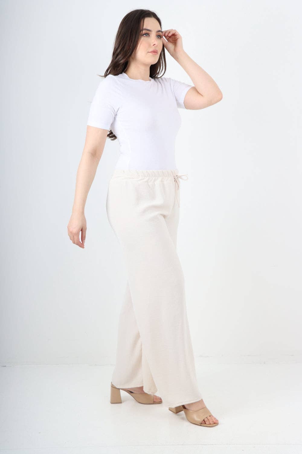 Italian Elastic Waistband Drawstring Wide Leg Trousers