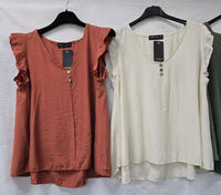 KM V Neck Button Frill Sleeve Top