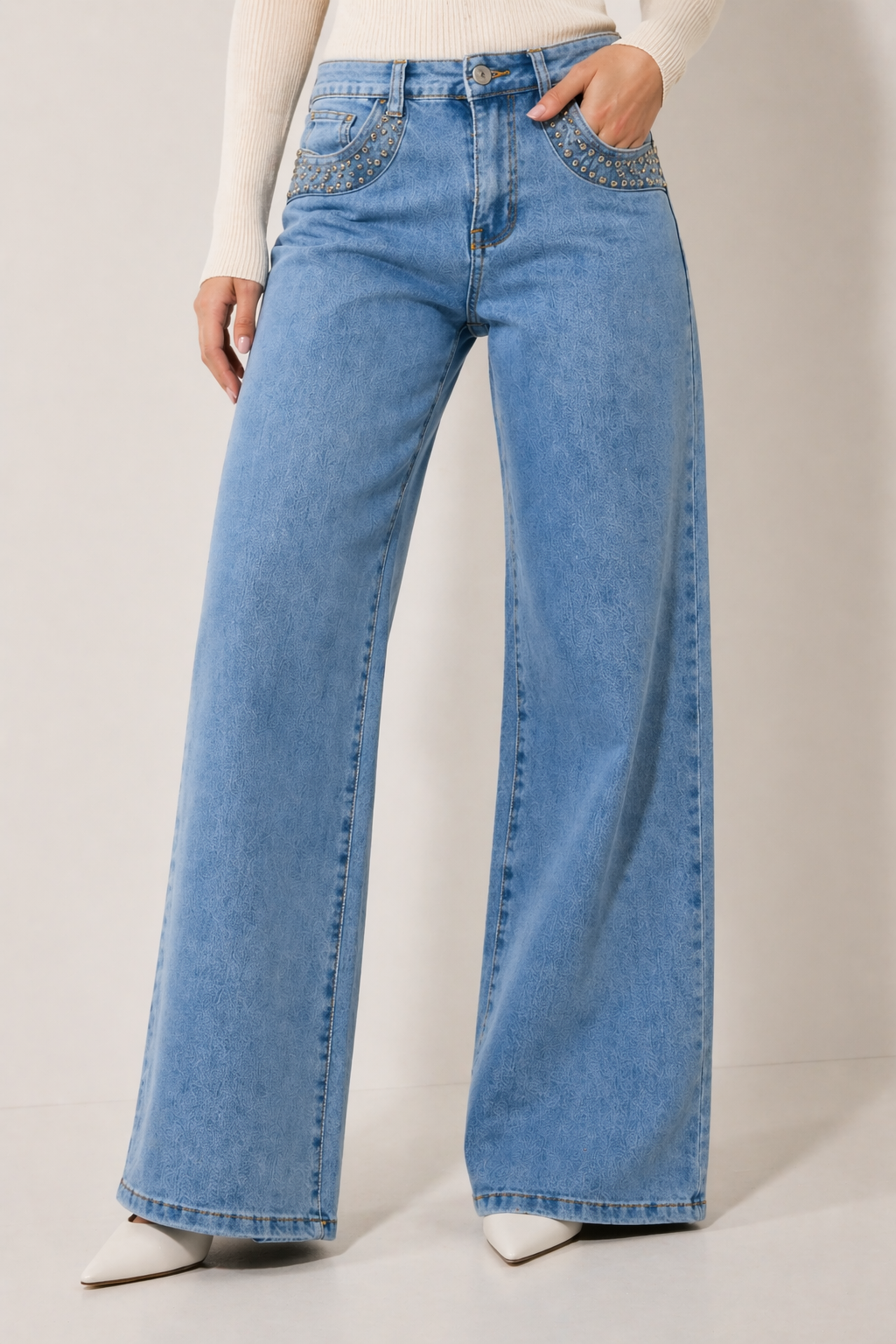 Crystal Embellished Pocket Voggo Wide Leg Jeans