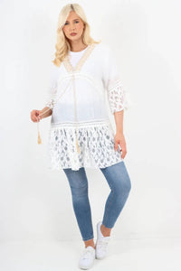 Italian Crochet Lace Tunic Top – V Neck Tie Front Embroidered Longline Summer Top