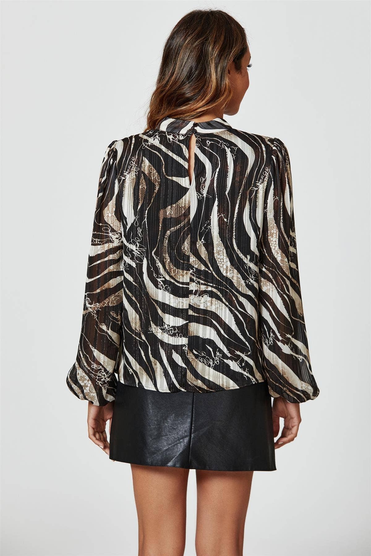 Silver Thread Zebra Print Long Sleeve Blouse Top In Black