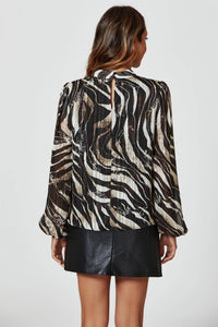 Silver Thread Zebra Print Long Sleeve Blouse Top In Black