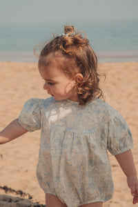Blue/Toile Floral Short Puff Sleeve Romper