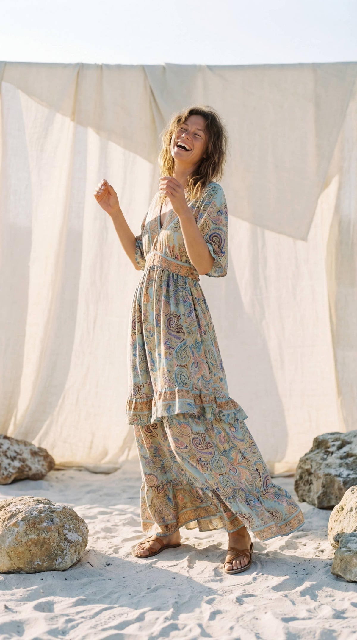 Boho Backless Summer Maxi Dress Romantic Paisley Gown