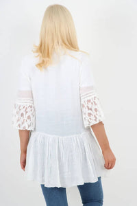 Italian Crochet Lace Tunic Top – V Neck Tie Front Embroidered Longline Summer Top