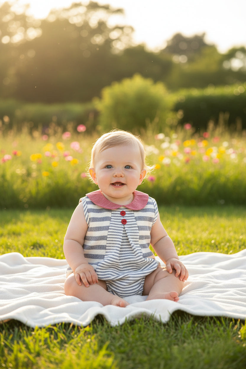 Summer Romper - Grey Stripe with Pink Detail