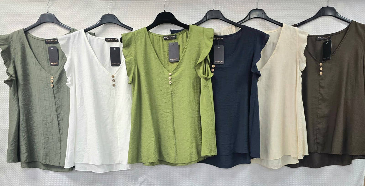 KM V Neck Button Frill Sleeve Top