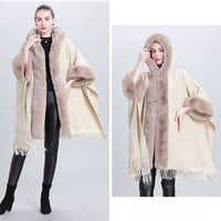 Hooded Poncho Cape with Faux Fur Trim & Fringe