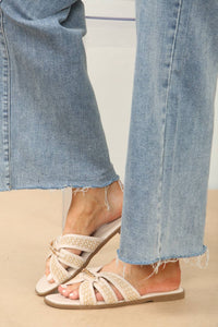 Cream Gold Trim Detail Raffia Cross-Strap Flat Sandals