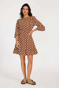 Polka Dot Print Frill Detail Mini Dress In Brown