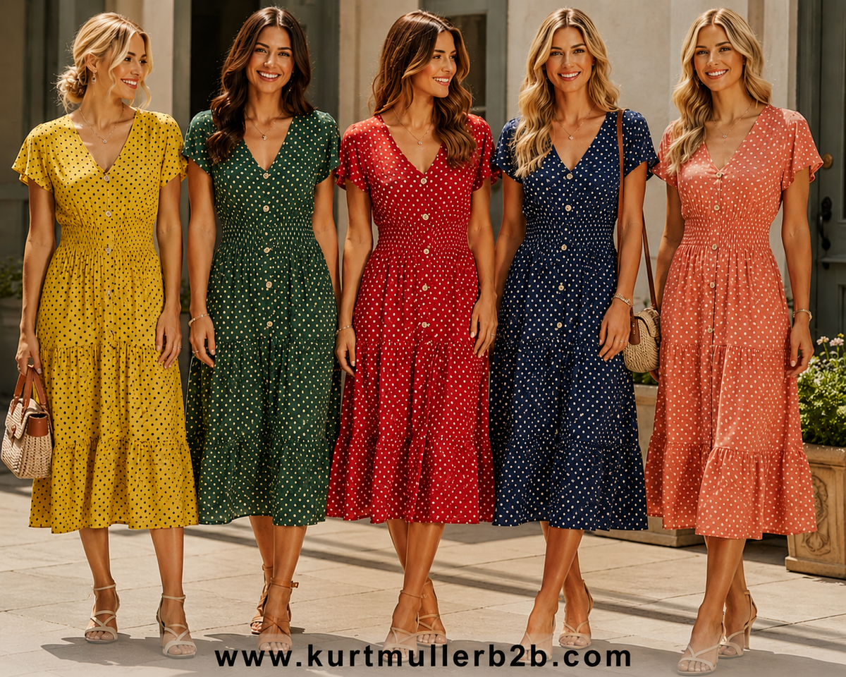 KM Classic Polka Dot V Jersey Midi Dress