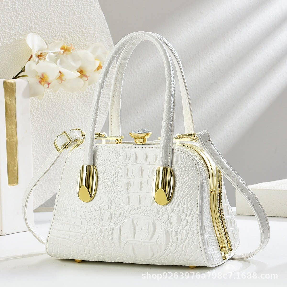 Small Medium Croc Pattern Diamante Top Handle Shiny Bag