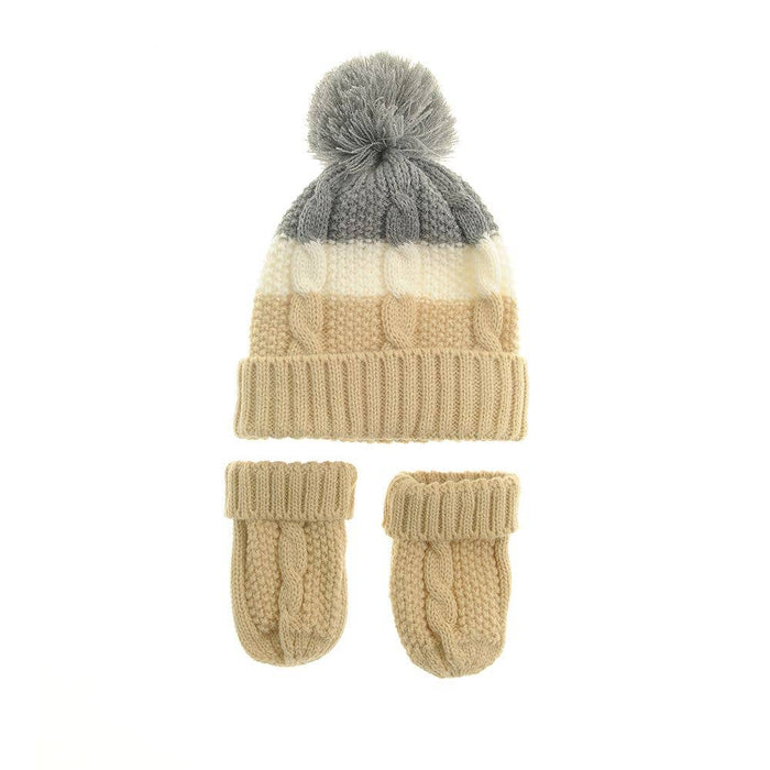 Beige, Cream & Grey Cable Knit Bobble Hat and Mittens
