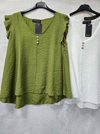 KM V Neck Button Frill Sleeve Top