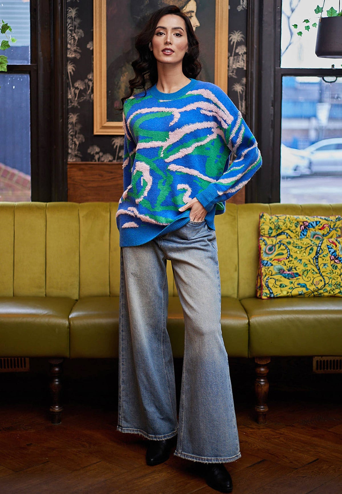 Abstract Print Knit Jumper In Blue
