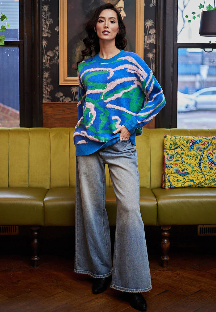 Abstract Print Knit Jumper In Blue
