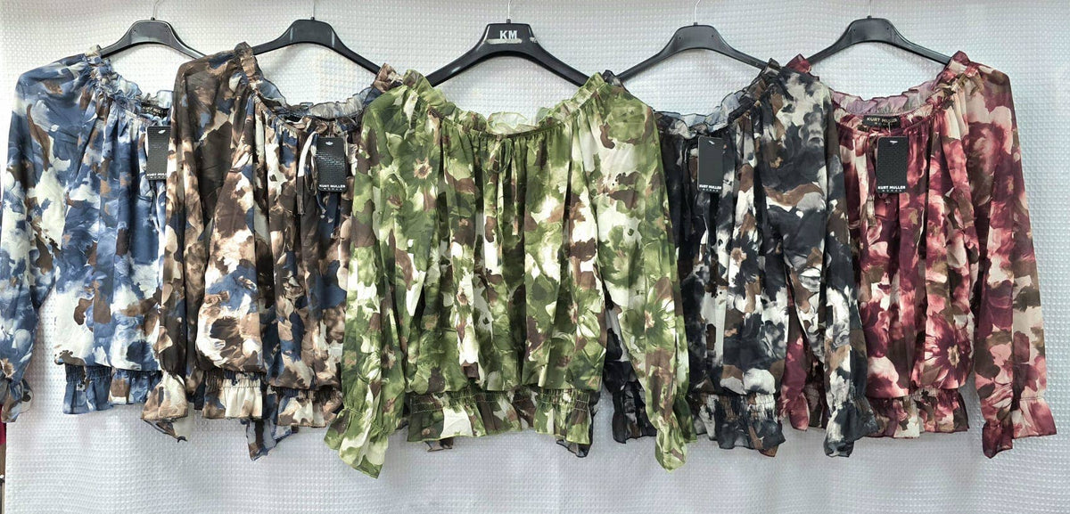 Abstract Floral Ruffle Bardot Blouse