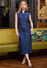 Sleeveless Midi Shirt Dress with Gold Ring Belt in Navy Blue