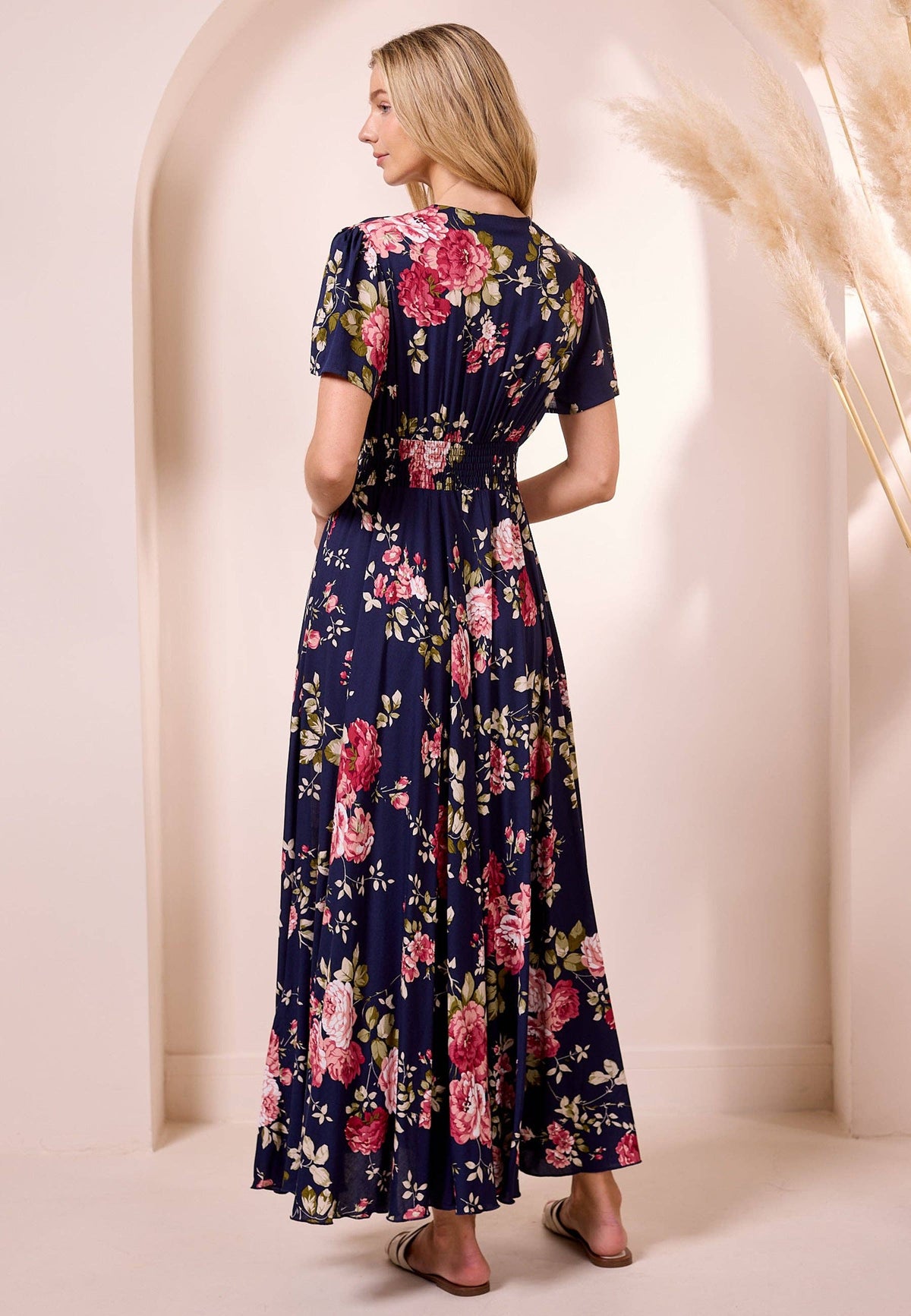 Ruched Waist Maxi Dress in Navy Floral Print