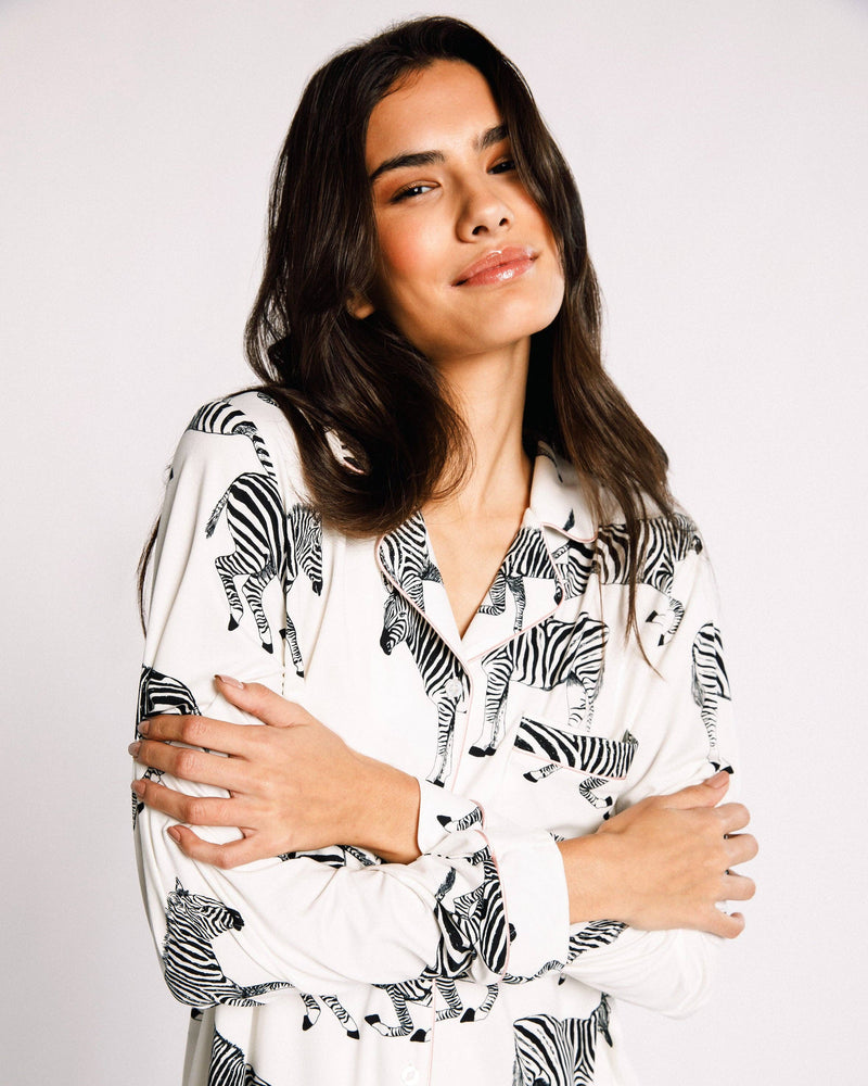 Chelsea Peers - White Zebra Print - Long Sleeved Top and Long Trousers