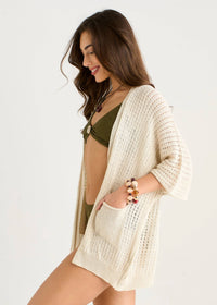 Beige Edge To Edge Knit Cardigan With Pockets