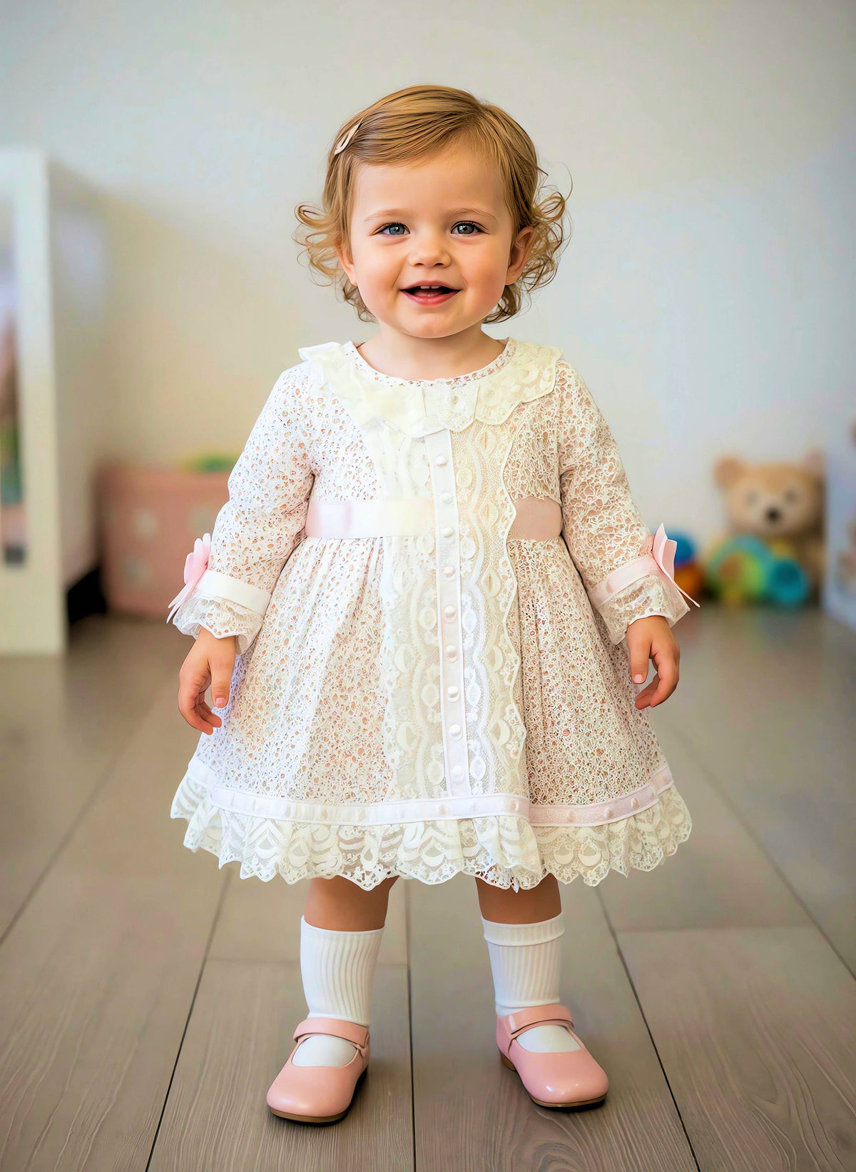Girls pastel floral dress with decorative central lace panel - 1926 Dress
