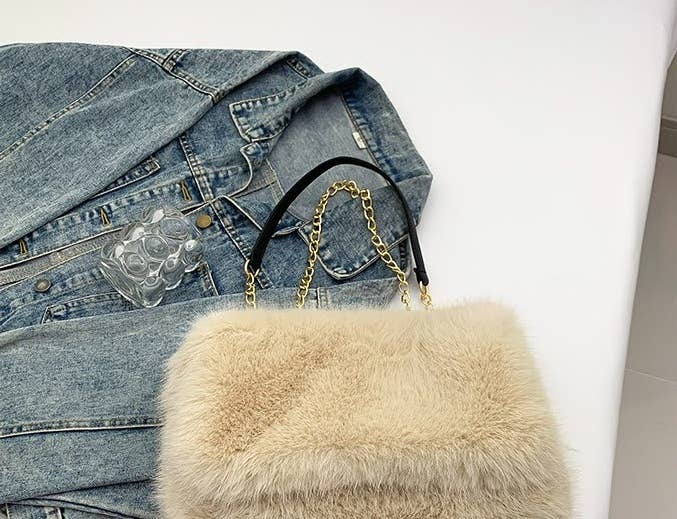 Faux Fur Flap Over Chain Strap Shoulder Bag