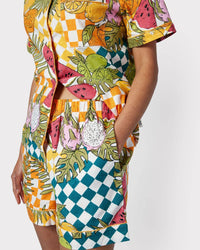 Chelsea Peers - Linen-Blend Fruit Checkerboard Print Short Pyjama Set