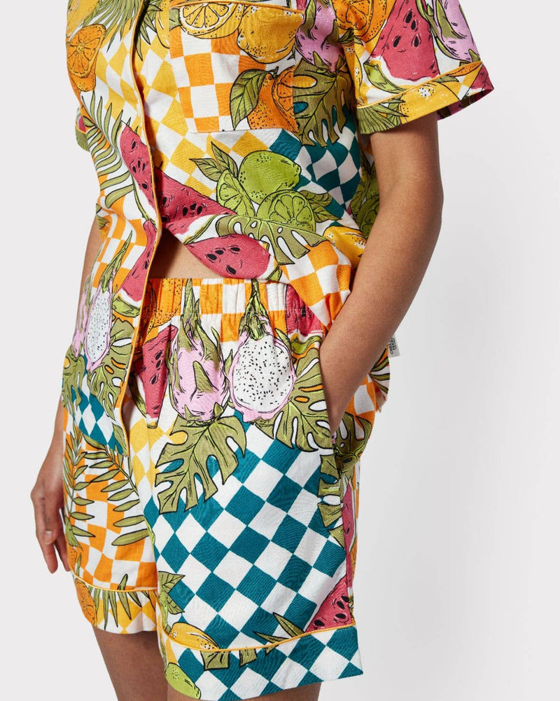 Chelsea Peers - Linen-Blend Fruit Checkerboard Print Short Pyjama Set