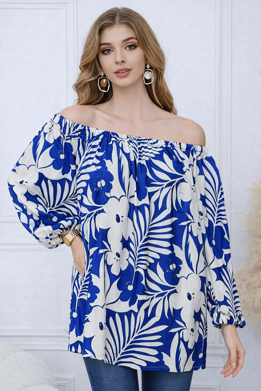 Floral Print Linen Blend Off-Shoulder Top with Rhinestone De