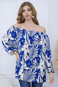 Floral Print Linen Blend Off-Shoulder Top with Rhinestone De