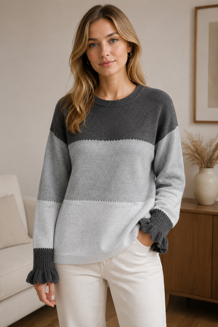 Colour Block Frill Cuff Knitted Jumper
