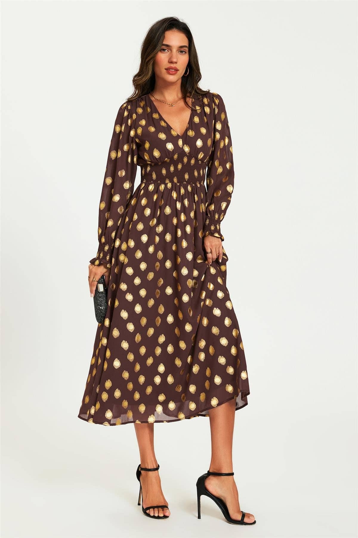 Gold Foil Long Sleeve Maxi Dress In Brown