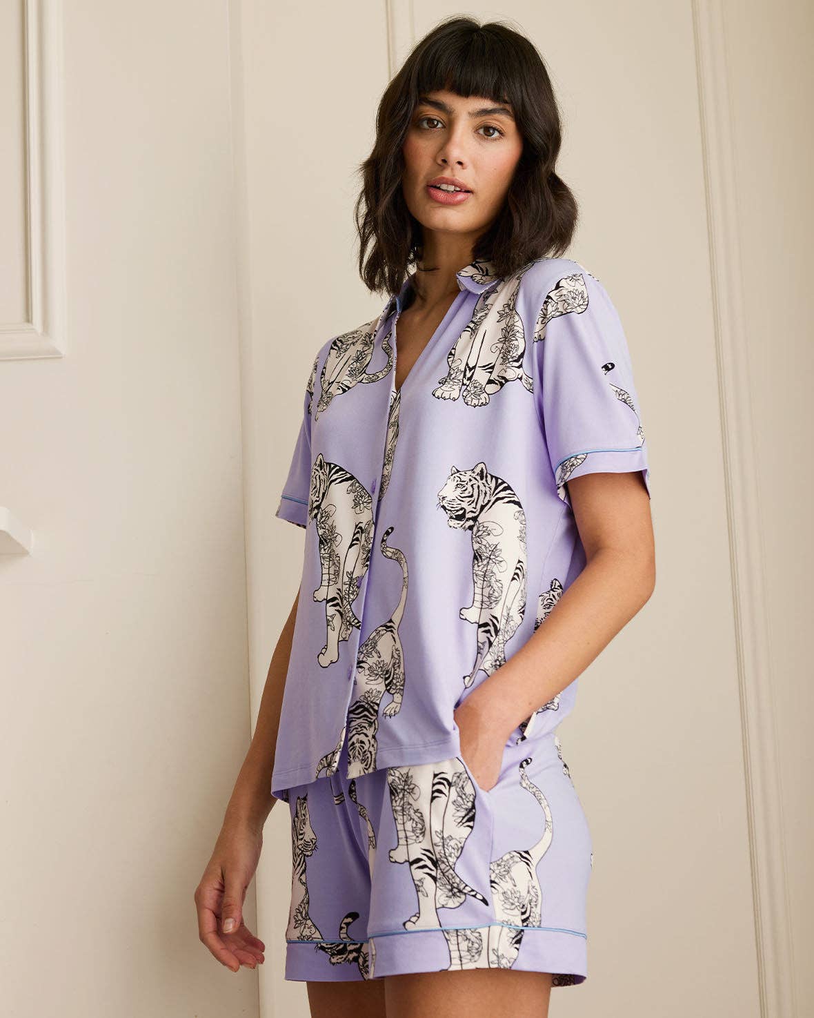 Chelsea Peers - Lotus Tiger Print Short Pyjama Set - Lilac