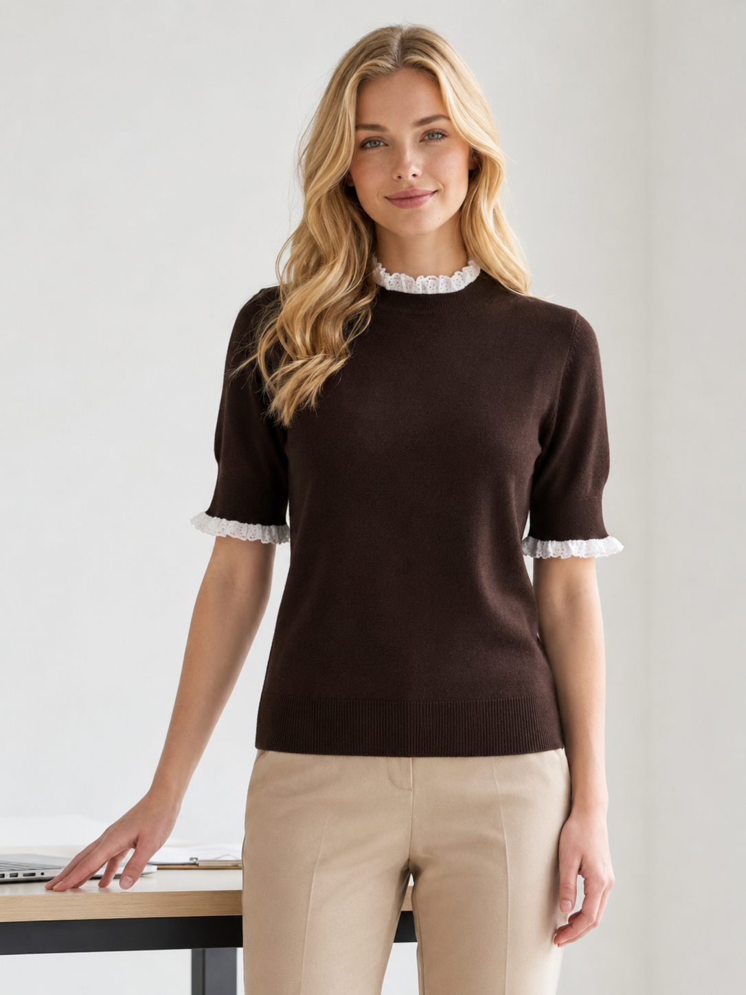 Lace Frill Short-Sleeve Knit Top