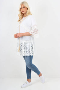 Italian Crochet Lace Tunic Top – V Neck Tie Front Embroidered Longline Summer Top