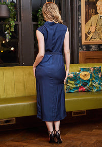 Sleeveless Midi Shirt Dress with Gold Ring Belt in Navy Blue