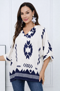 Geometric Print Linen Blend Top