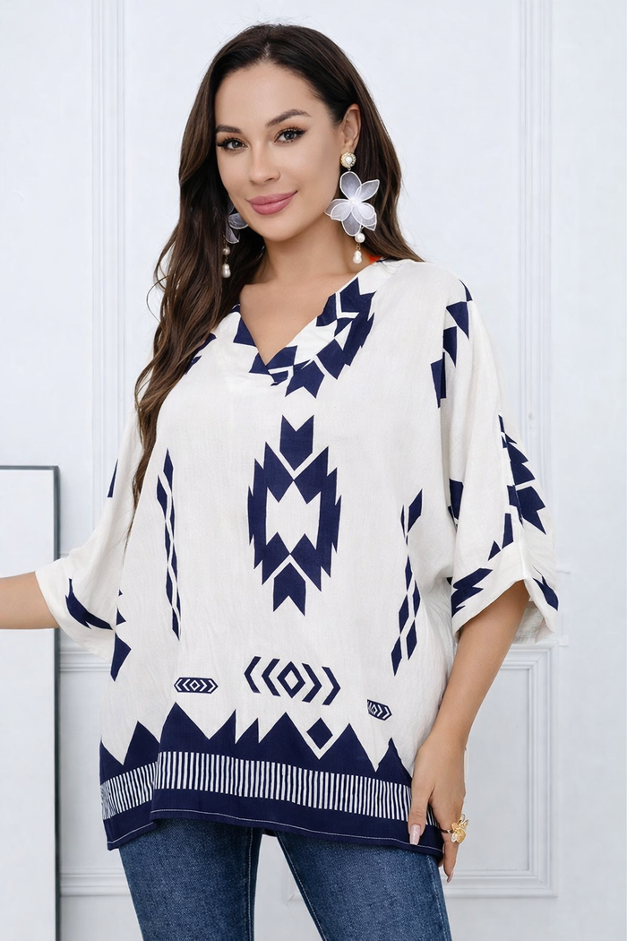 Geometric Print Linen Blend Top