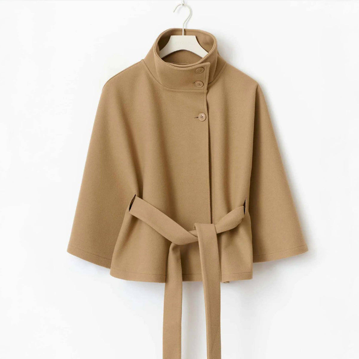 Structured Funnel Neck Belted Cape Jacket