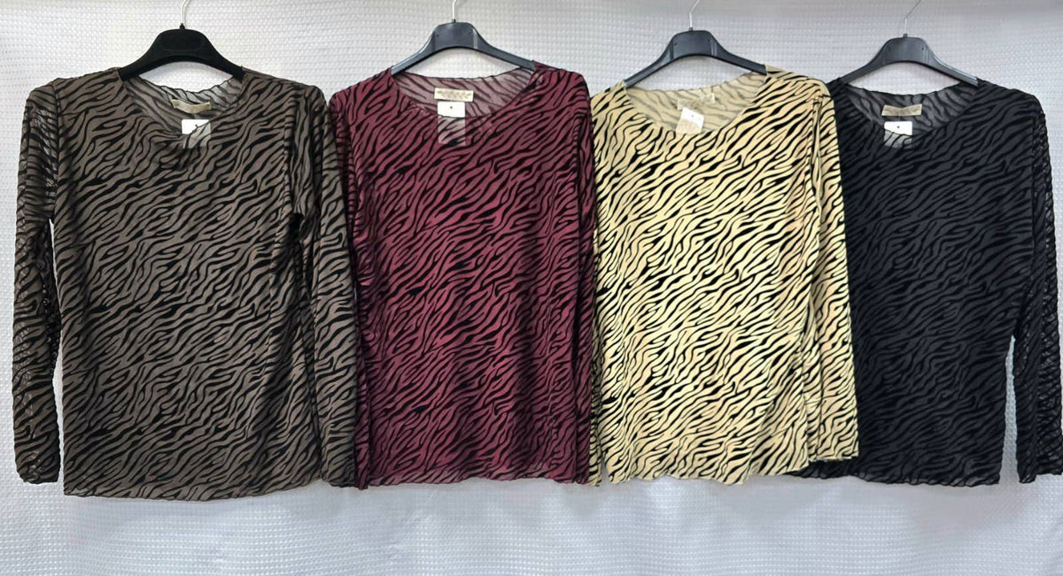 Textured Sheer Zebra Crew Neck Blouse