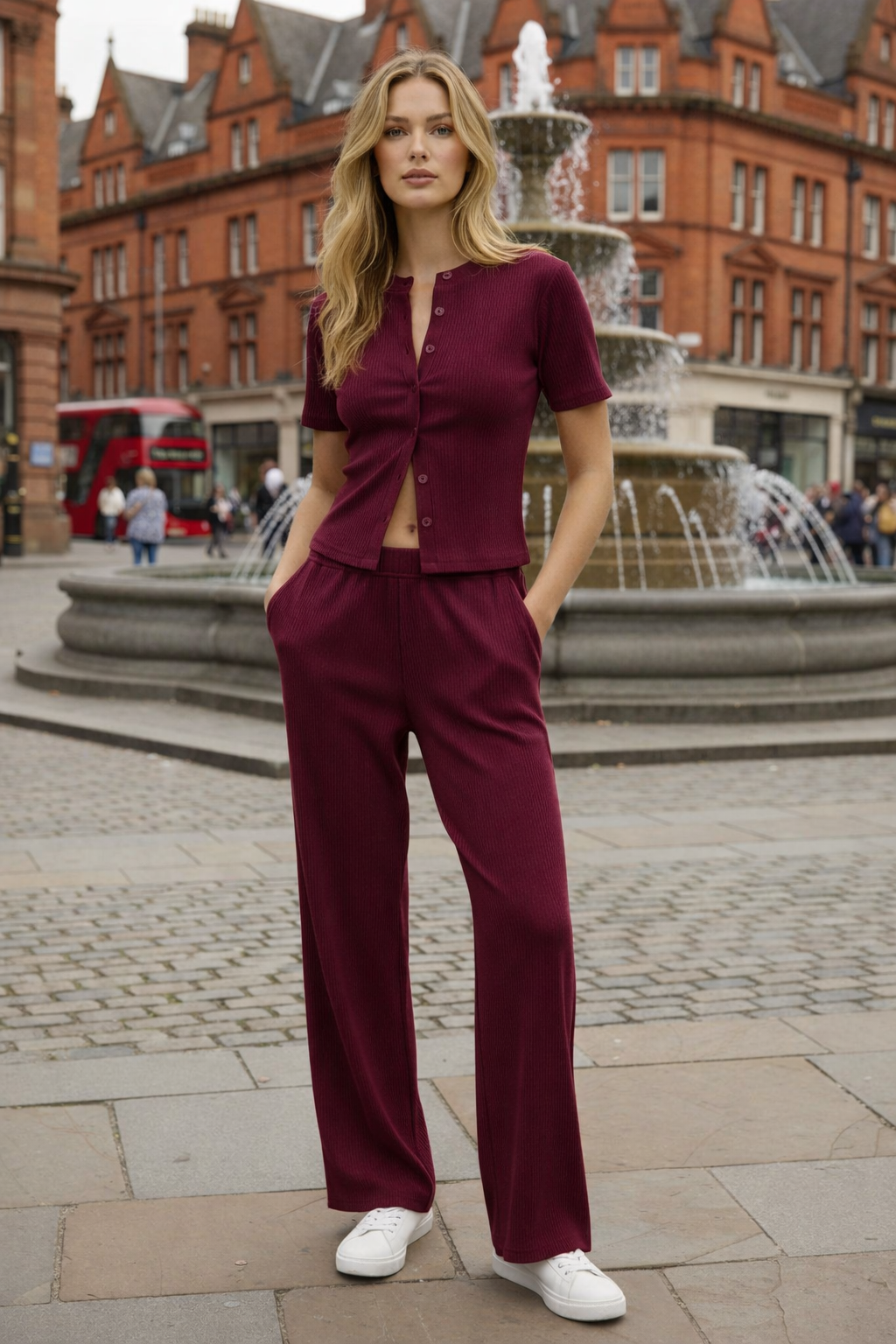 Mae Short Sleeve Rib Button Trouser Suit