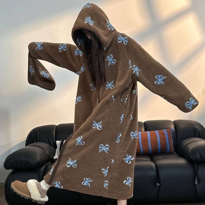Teddy Fleece Long Hooded Dressing Gown Bow Print